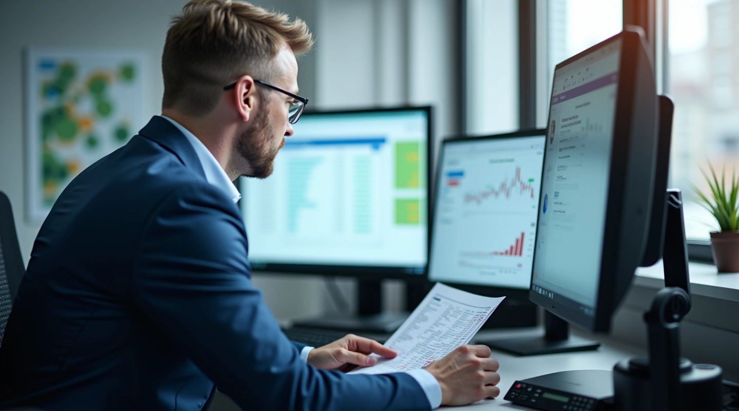 Analyst reviewing quarterly report with charts and data visualizations on computer screen