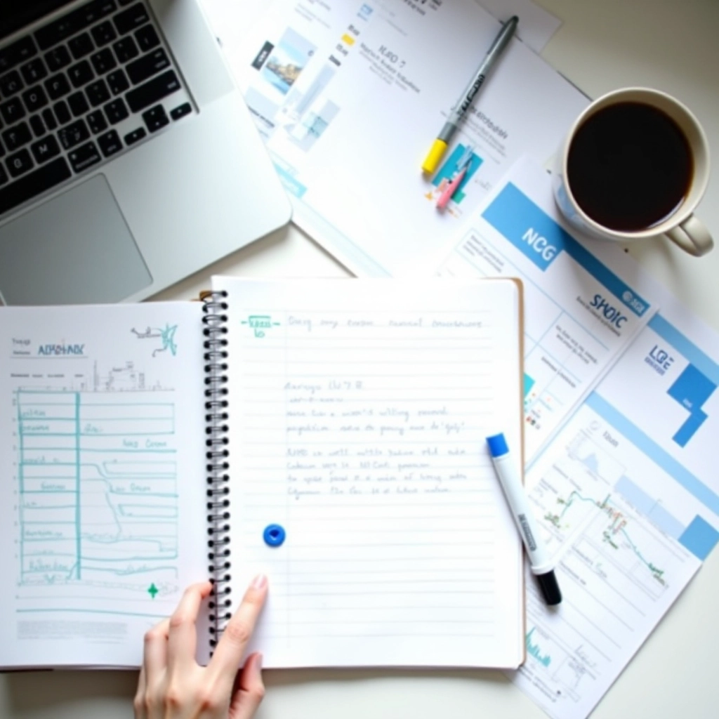 Narrative Pulse editorial team workspace with research materials, notebooks, and analysis documents on a flat lay desk setup