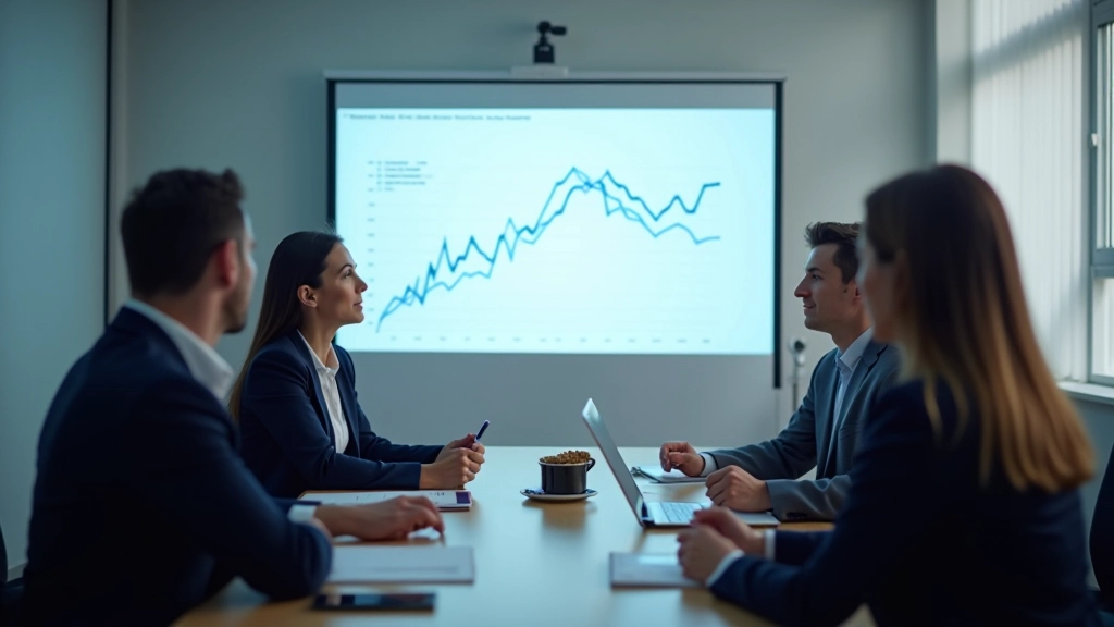 Team of analysts in meeting room discussing quarterly narrative with projection screen showing report
