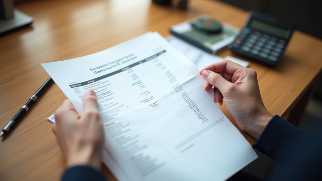 Close-up of hands working with quarterly financial documents and calculator