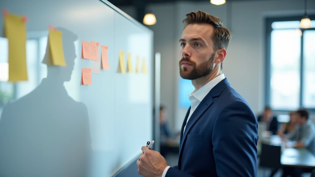 Person pointing at whiteboard with sticky notes and process diagrams during team brainstorming session